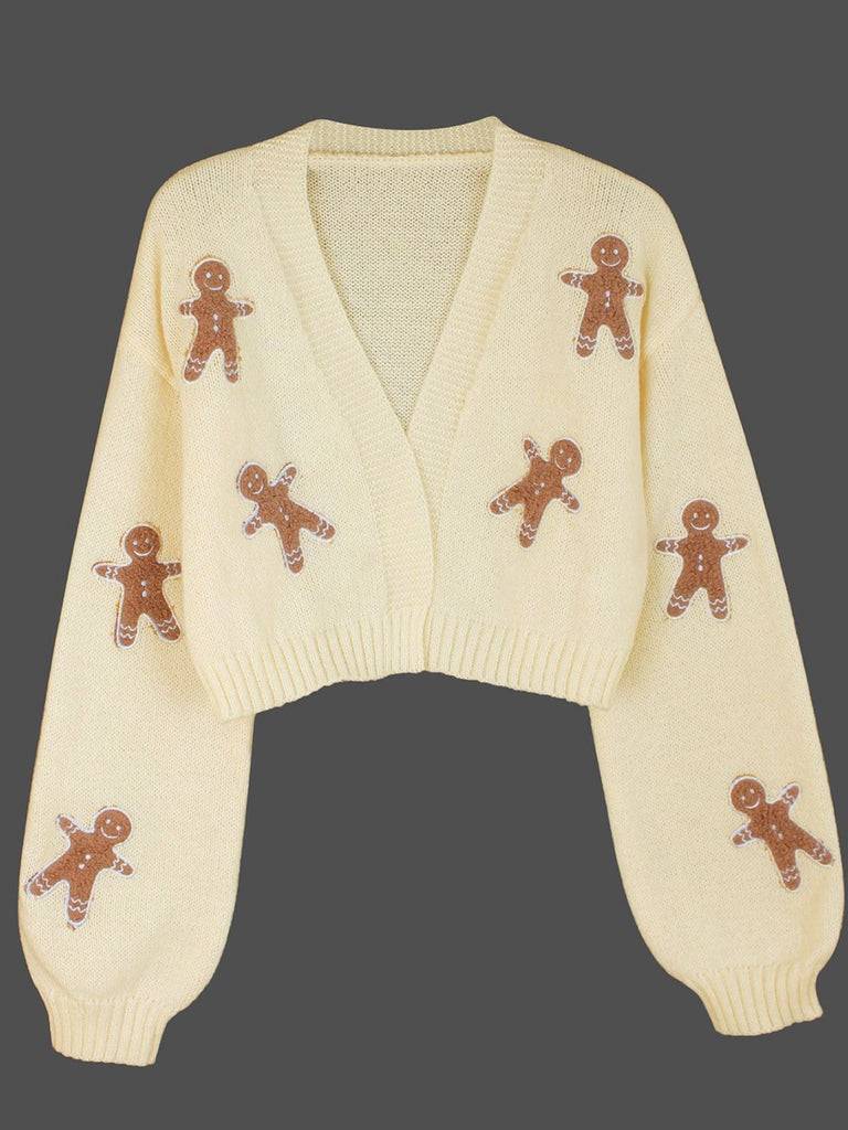 Brown 1960s Christmas Gingerbread Cropped Sweater Cardigan