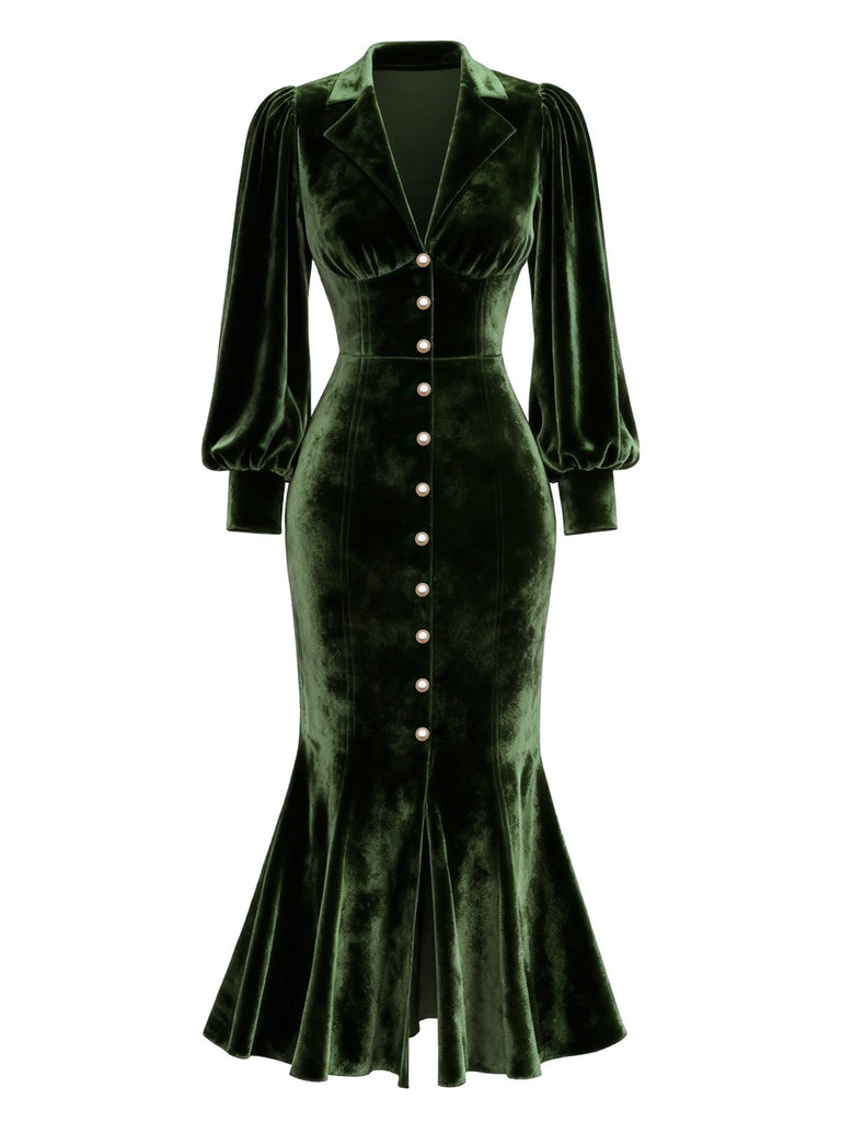 [Pre-Sale] Green 1930s Velvet Pearl Lantern Sleeve Mermaid Dress