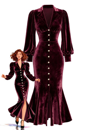 [Pre-Sale] Red 1930s Velvet Pearl Lantern Sleeve Mermaid Dress