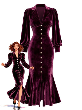 [Pre-Sale] Red 1930s Velvet Pearl Lantern Sleeve Mermaid Dress