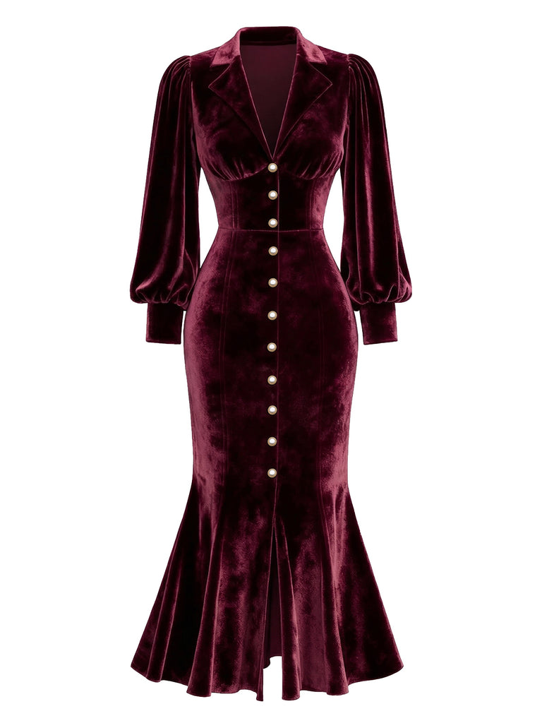 [Pre-Sale] Red 1930s Velvet Pearl Lantern Sleeve Mermaid Dress