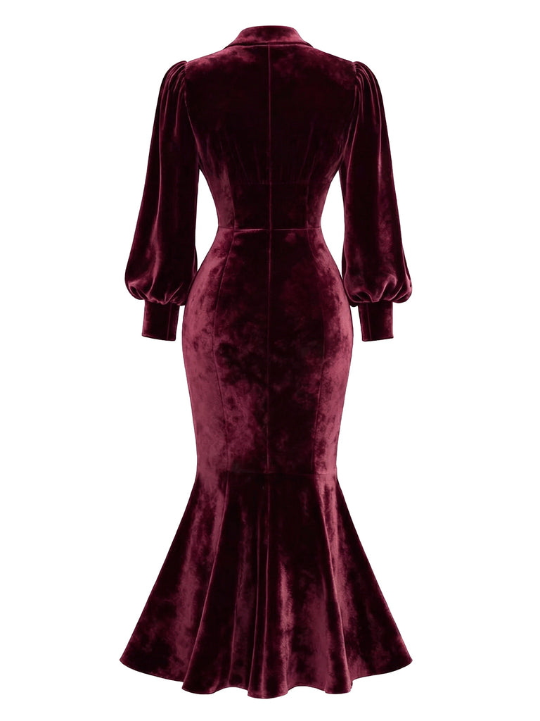 [Pre-Sale] Red 1930s Velvet Pearl Lantern Sleeve Mermaid Dress