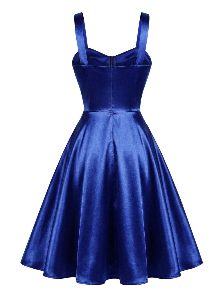 [Pre-Sale] Royal Blue 1950s Satin Colorblock Wide-Strap Dress