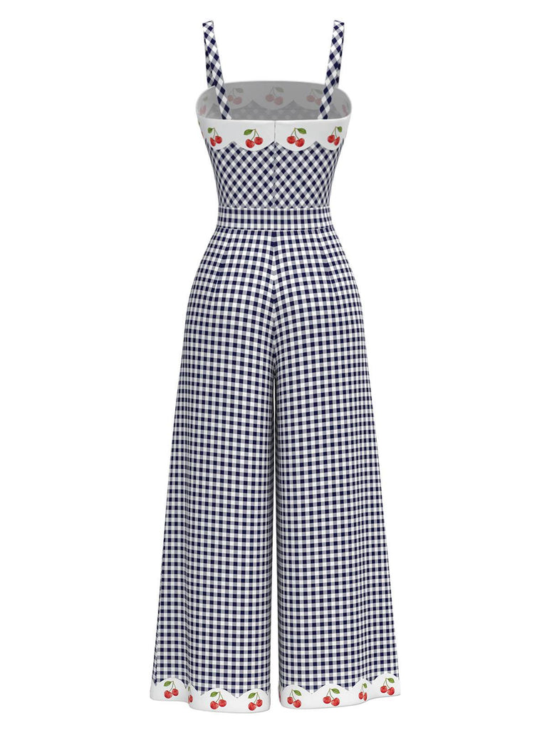 [Pre-Sale] 1950s Cherry Blue White Gingham Plaid Strap Jumpsuit