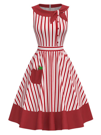 [Pre-Sale] Red 1950s Bow Collar Vertical Stripe Apple Dress
