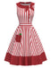 [Pre-Sale] Red 1950s Bow Collar Vertical Stripe Apple Dress