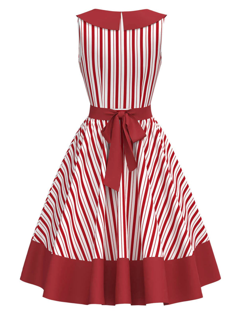 [Pre-Sale] Red 1950s Bow Collar Vertical Stripe Apple Dress