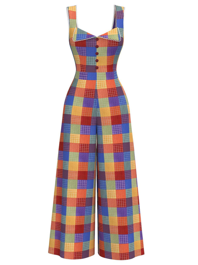 [Pre-Sale] Rainbow 1970s Cotton Plaid Bow Wide Strap Jumpsuit