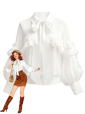 [Pre-Sale] White 1940s Ruffle Lantern Sleeve Tie-Front Blouse