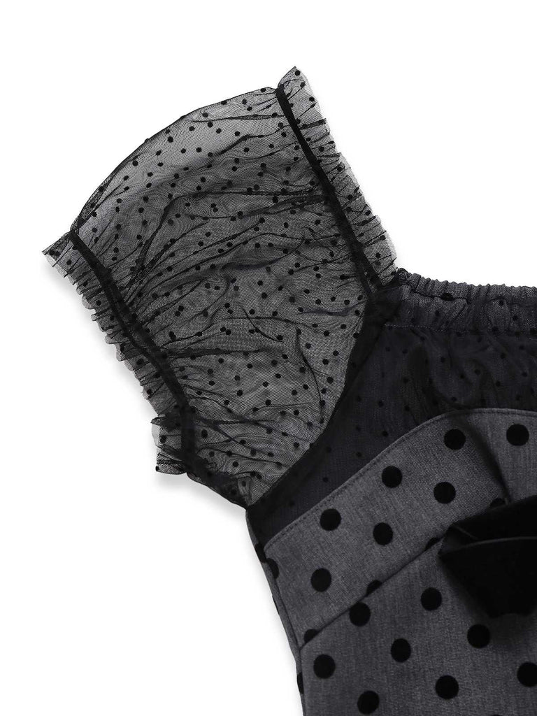 [Pre-Sale] Gray 1960s Bowknot Mesh Patchwork Polka Dot Dress