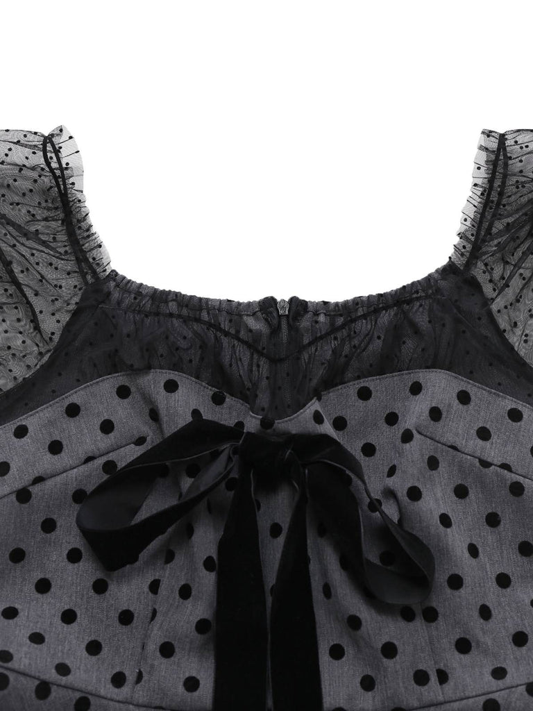 [Pre-Sale] Gray 1960s Bowknot Mesh Patchwork Polka Dot Dress