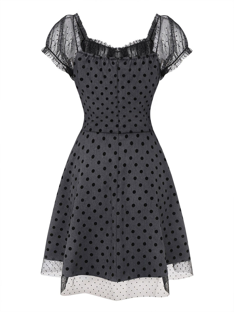 [Pre-Sale] Gray 1960s Bowknot Mesh Patchwork Polka Dot Dress