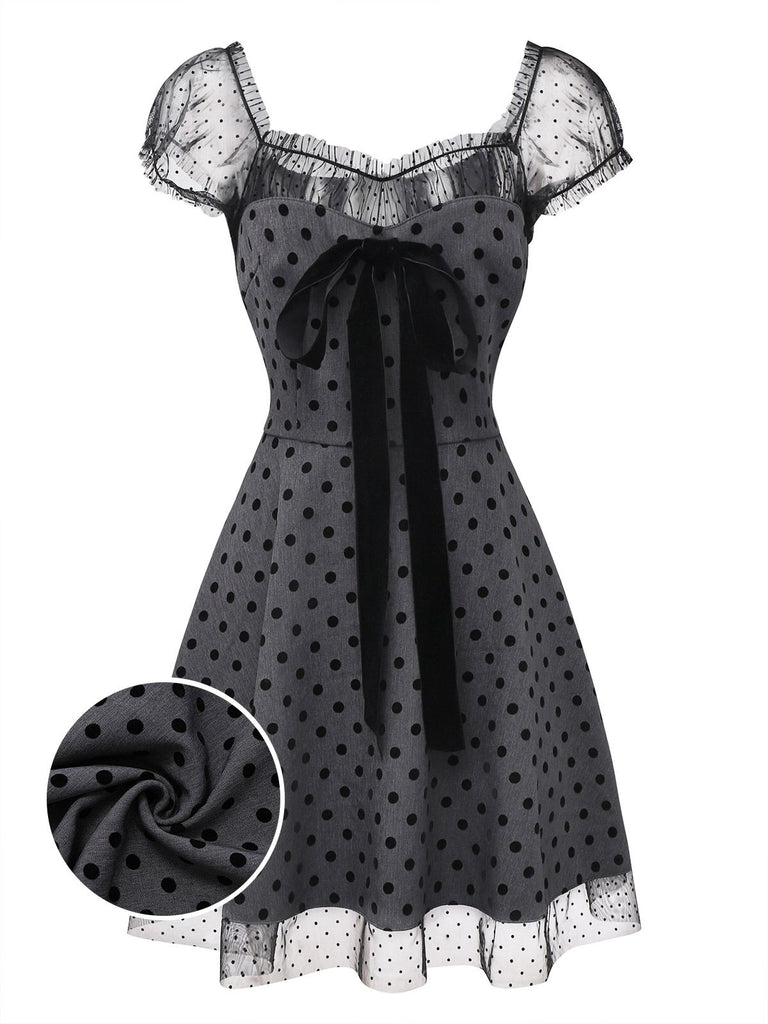 [Pre-Sale] Gray 1960s Bowknot Mesh Patchwork Polka Dot Dress
