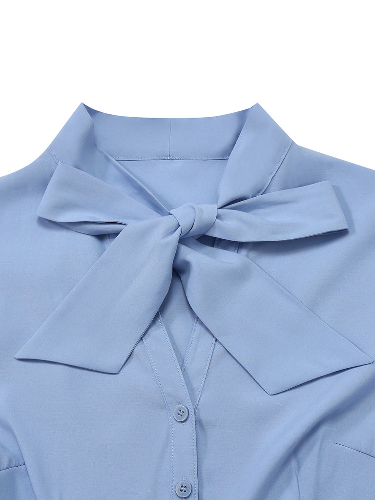 Blue 1930s Bow Tie Belted Pencil Dress