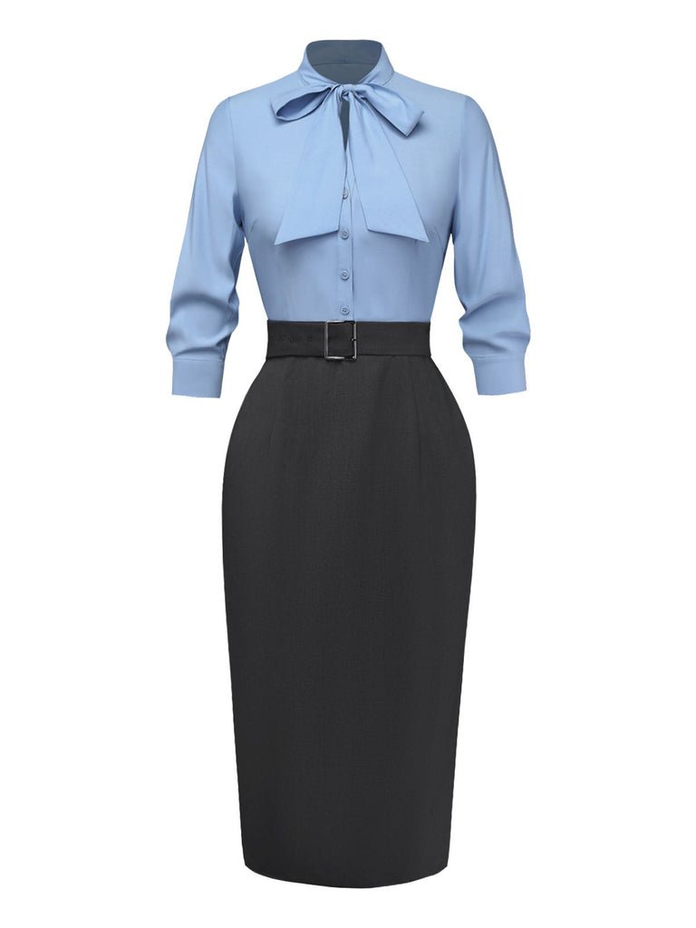 [Pre-Sale] Blue 1930s Bow Tie Belted Pencil Dress