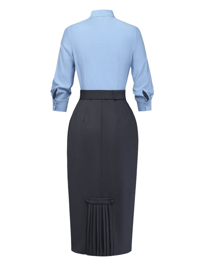 [Pre-Sale] Blue 1930s Bow Tie Belted Pencil Dress
