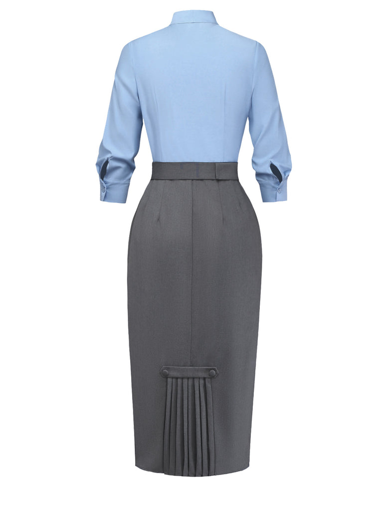 Blue 1930s Bow Tie Belted Pencil Dress
