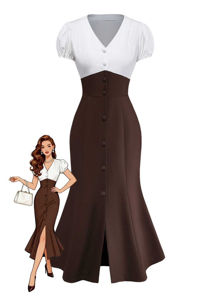 [Pre-Sale] 1930s V-Neck Colorblock Button Slit Mermaid Dress
