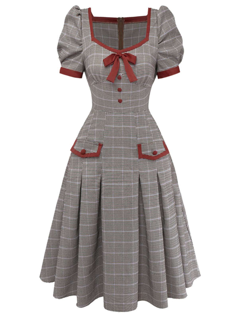[Pre-Sale] Brown 1950s Bow Houndstooth Pleated Dress