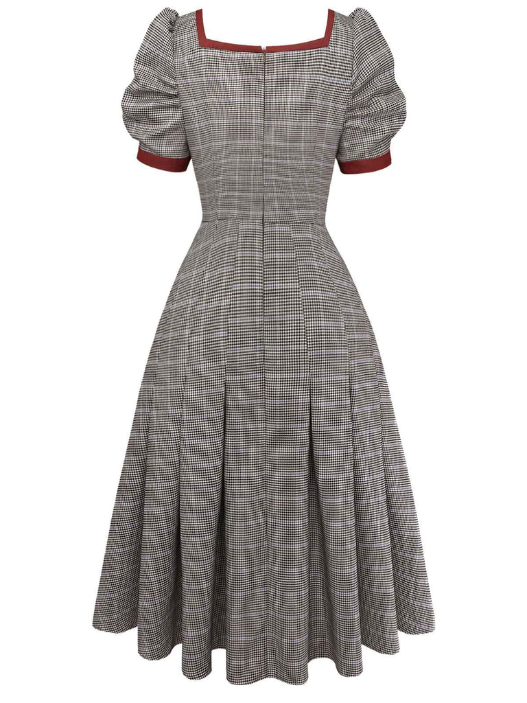 [Pre-Sale] Brown 1950s Bow Houndstooth Pleated Dress
