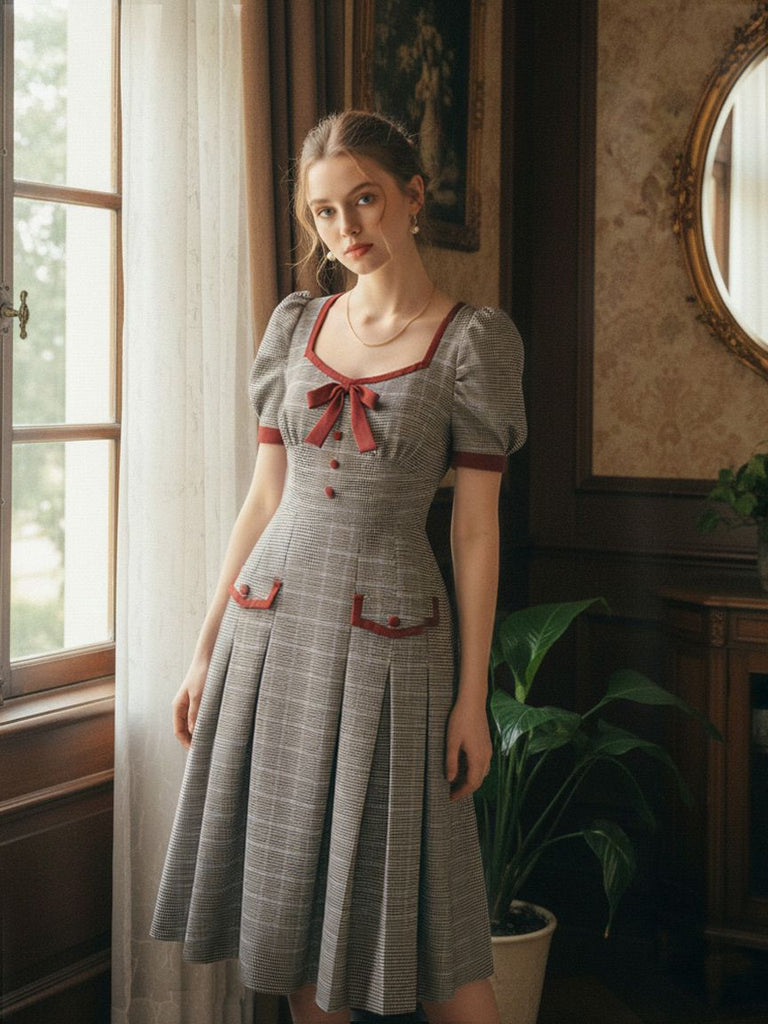 [Pre-Sale] Brown 1950s Bow Houndstooth Pleated Dress