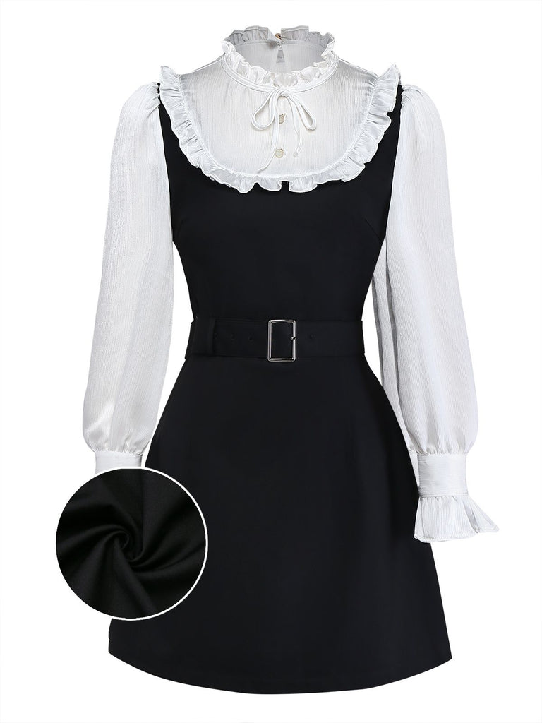 [Pre-Sale] Black 1960s Ruffle Bow Tie Belt Patchwork Dress
