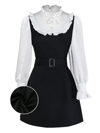 [Pre-Sale] Black 1960s Ruffle Bow Tie Belt Patchwork Dress