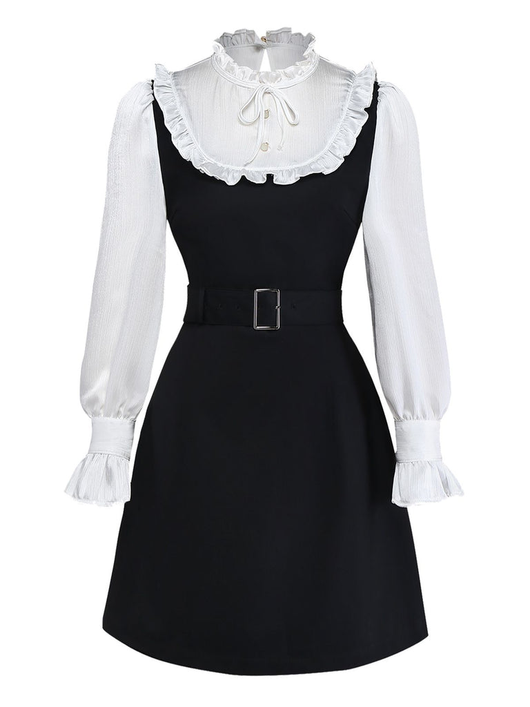 [Pre-Sale] Black 1960s Ruffle Bow Tie Belt Patchwork Dress