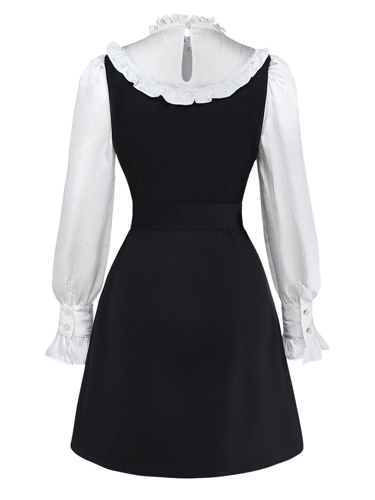 [Pre-Sale] Black 1960s Ruffle Bow Tie Belt Patchwork Dress