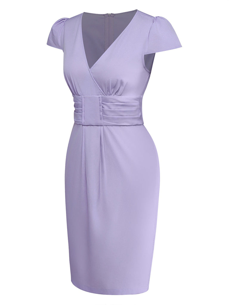 [Pre-Sale] Lavender 1960s Shimmer V-Neck Cap Sleeve Pleated Dress