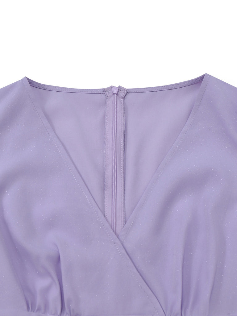 [Pre-Sale] Lavender 1960s Shimmer V-Neck Cap Sleeve Pleated Dress