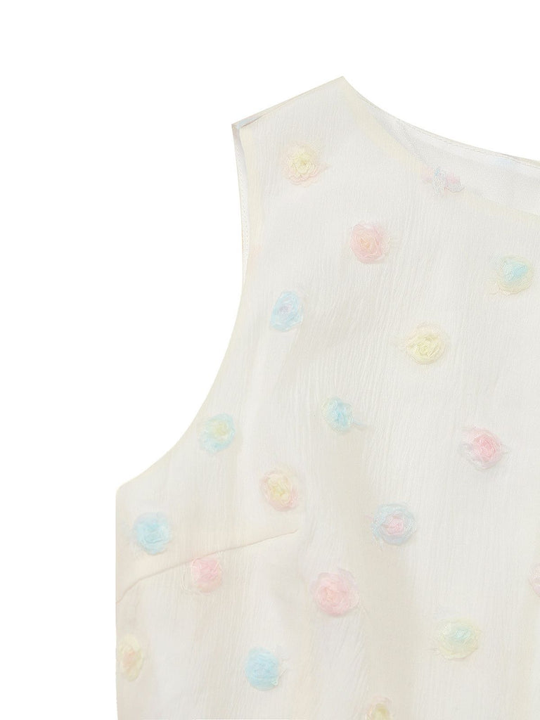 [Pre-Sale] White 1950s 3D Floral Dot Bow Belt Dress