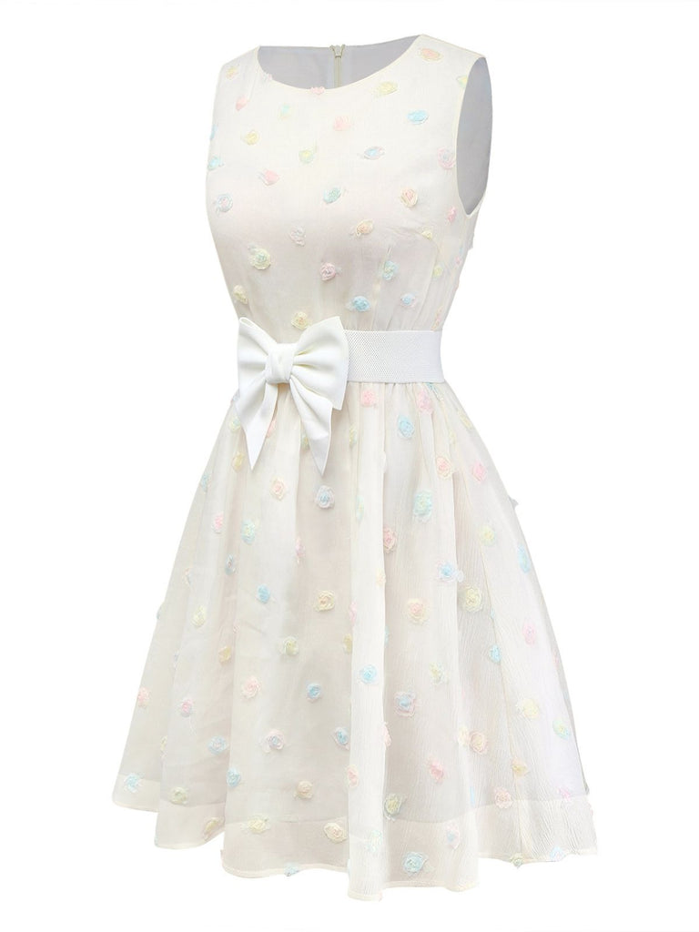 [Pre-Sale] White 1950s 3D Floral Dot Bow Belt Dress