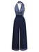 [Pre-Sale] Dark Blue 1940s Halter Cowl Neck Plaid Jumpsuit