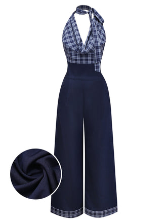 [Pre-Sale] Dark Blue 1940s Halter Cowl Neck Plaid Jumpsuit