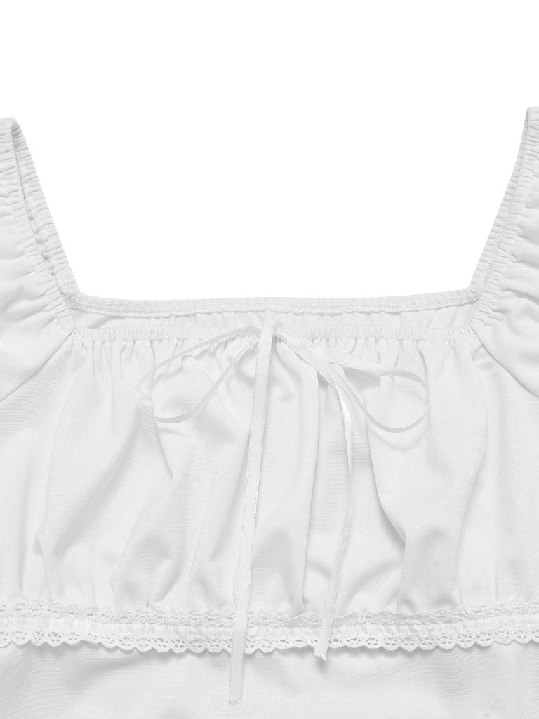 [Pre-Sale] White 1940s Lace Ruched Puff Sleeve Square Neck Top