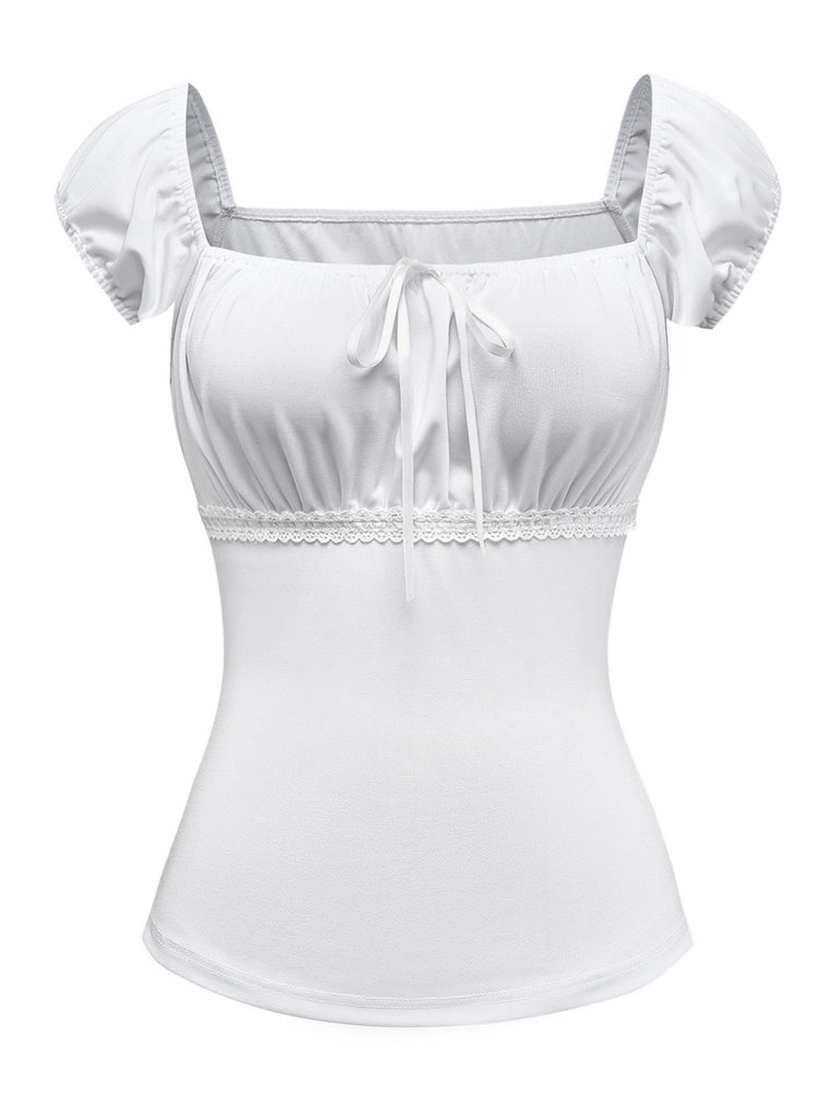 [Pre-Sale] 2PCS White & Blue 1940s Lace Ruched Top & Denim Bow Skirt