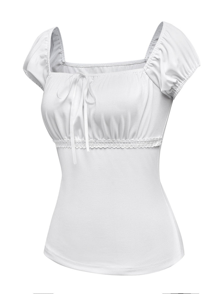 [Pre-Sale] White 1940s Lace Ruched Puff Sleeve Square Neck Top