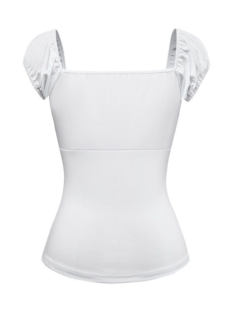 [Pre-Sale] White 1940s Lace Ruched Puff Sleeve Square Neck Top