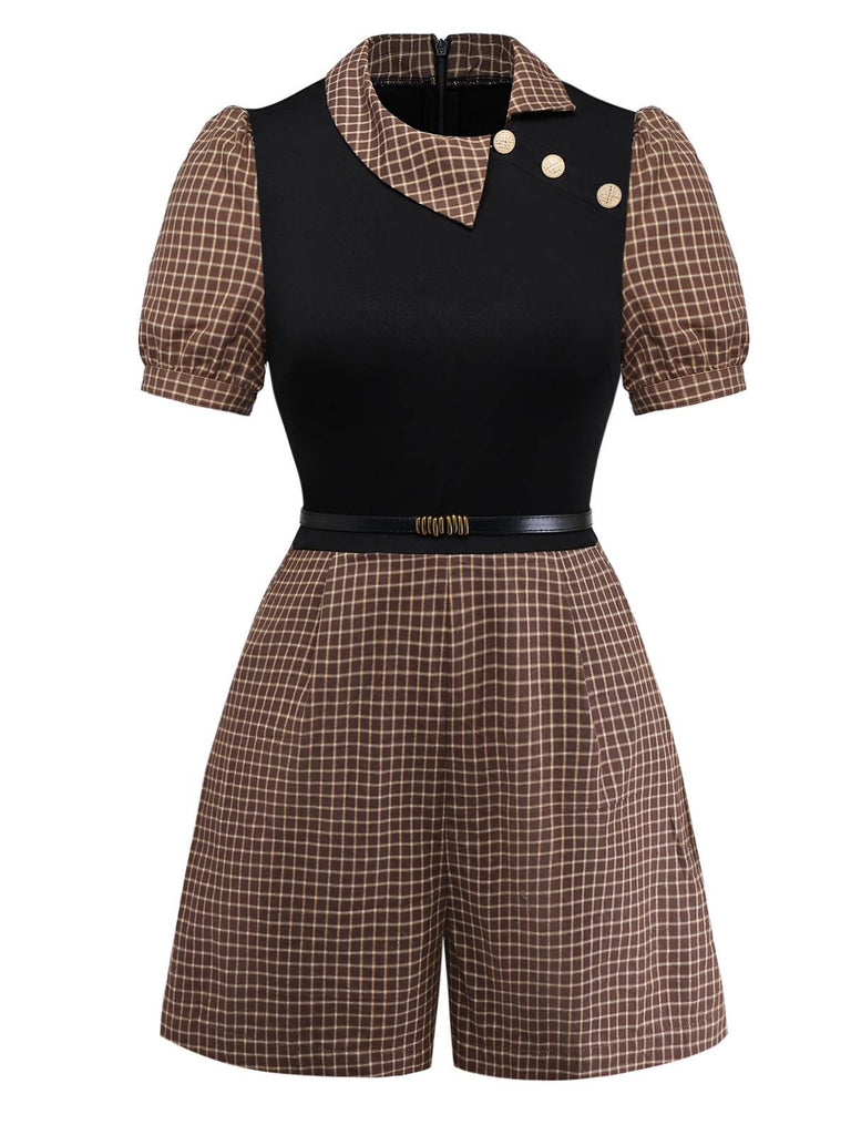 [Pre-Sale] Brown 1940s Plaid Knitted Side Lapel Belted Romper