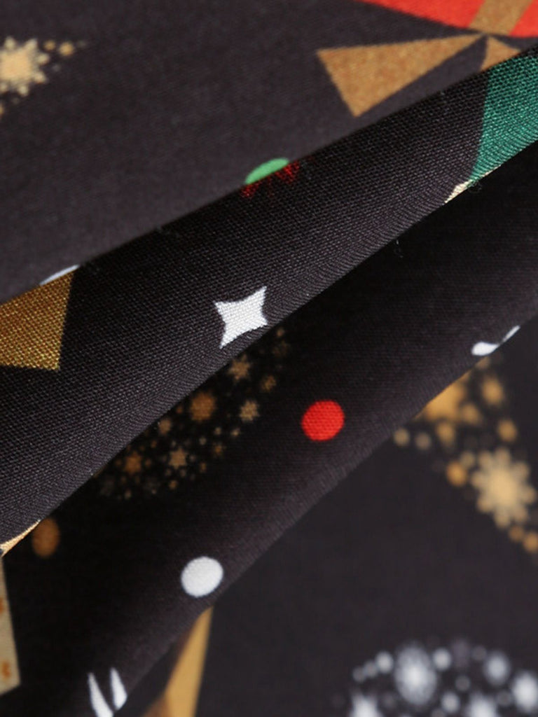 Black 1950s Christmas Print Petal Collar Belted Dress