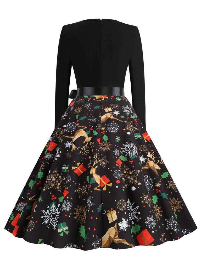 Black 1950s Christmas Print Petal Collar Belted Dress