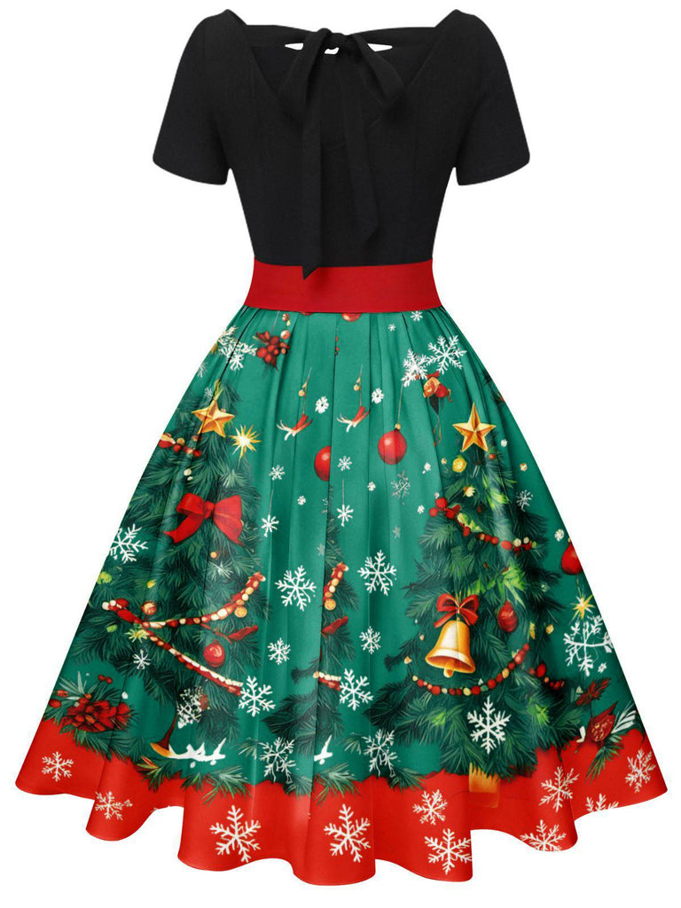 1950s Christmas Tree Patchwork Bow Belted Swing Dress