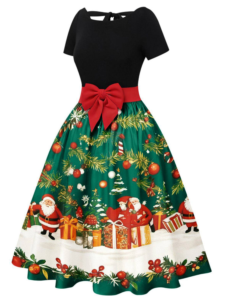 1950s Christmas Tree Patchwork Bow Belted Swing Dress