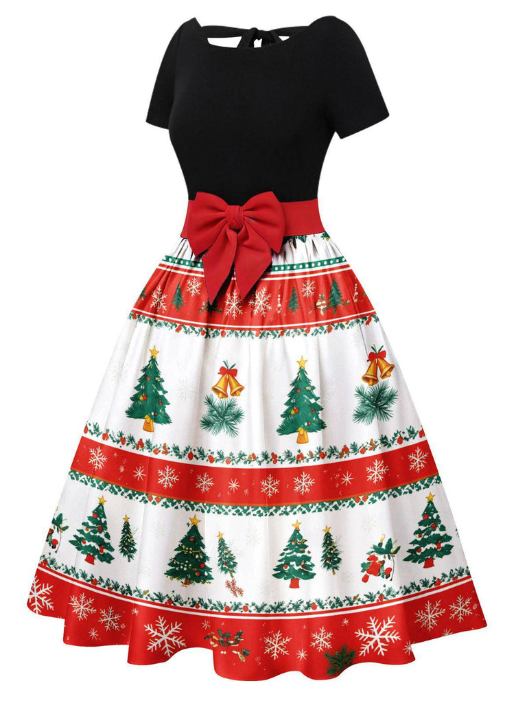 1950s Christmas Tree Patchwork Bow Belted Swing Dress