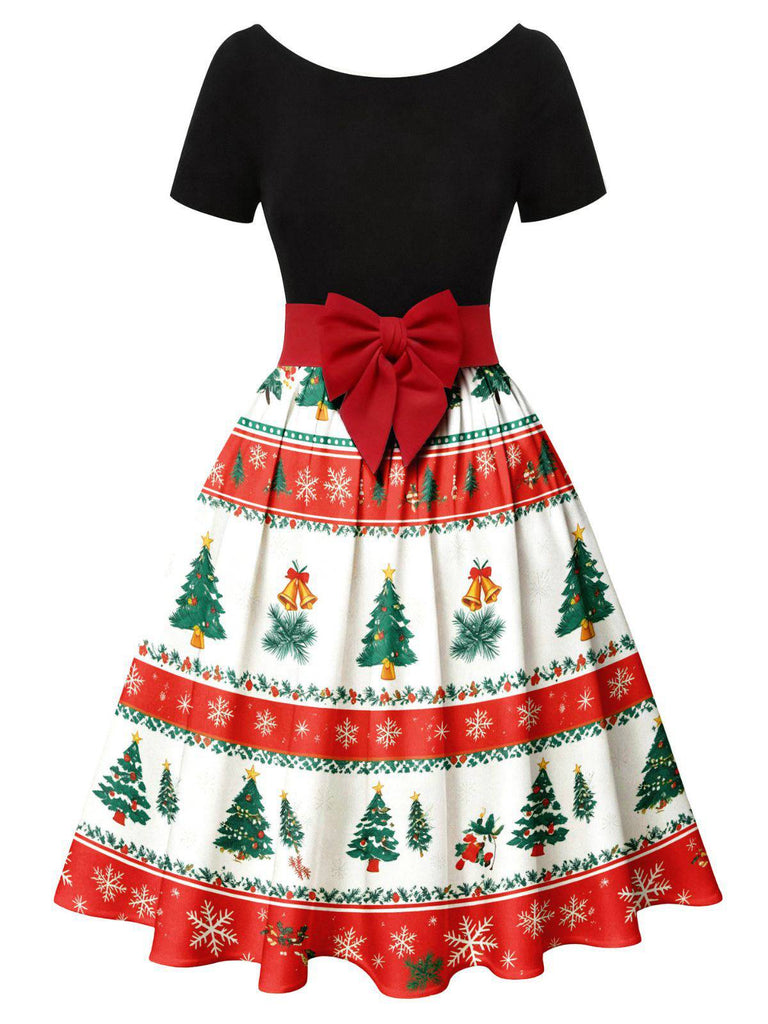 1950s Christmas Tree Patchwork Bow Belted Swing Dress