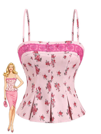 Pink 1960s Floral Lace Patchwork Pleated Camisole