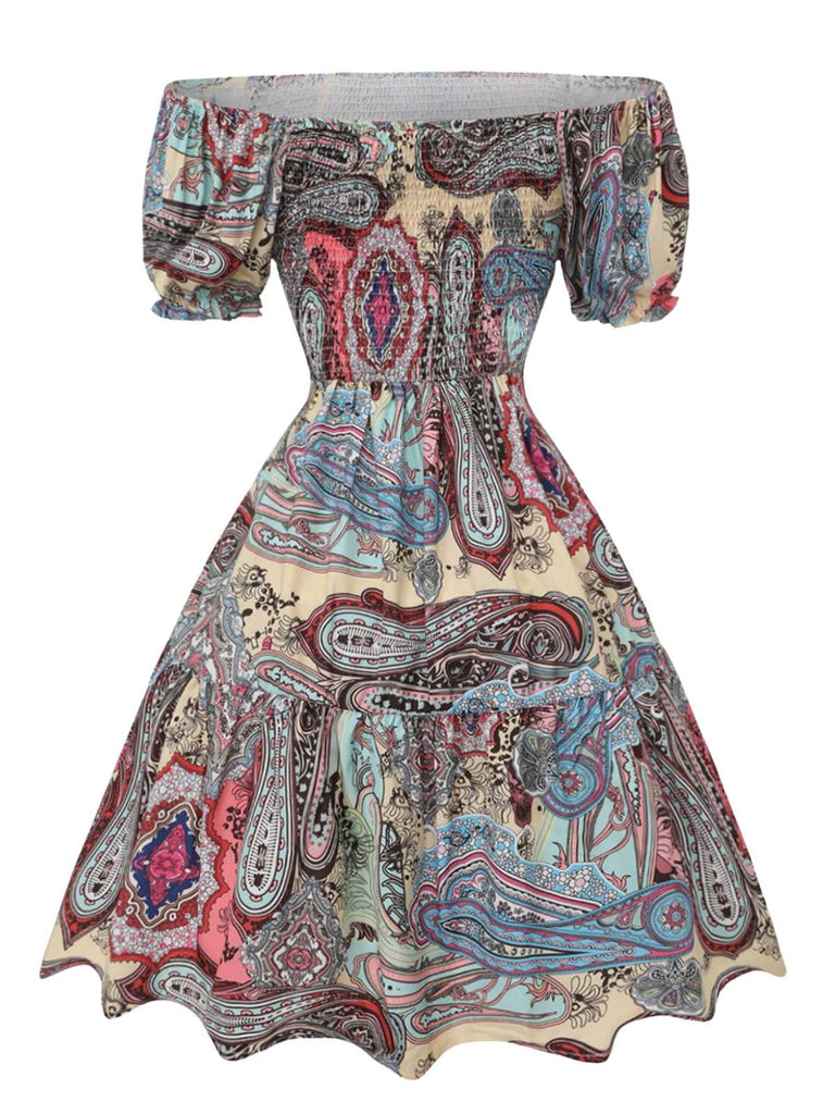 Multicolor 1970s Boho Paisley Print Smocked Puff Dress