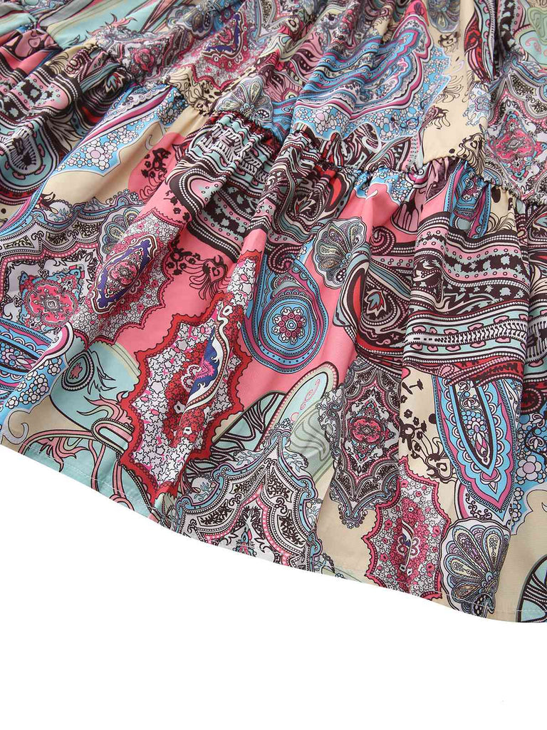 Multicolor 1970s Boho Paisley Print Smocked Puff Dress