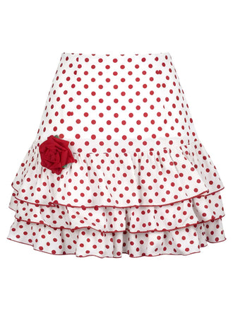 [Pre-Sale] Red 1960s Ruffled Polka Dot Rose Mini Skirt